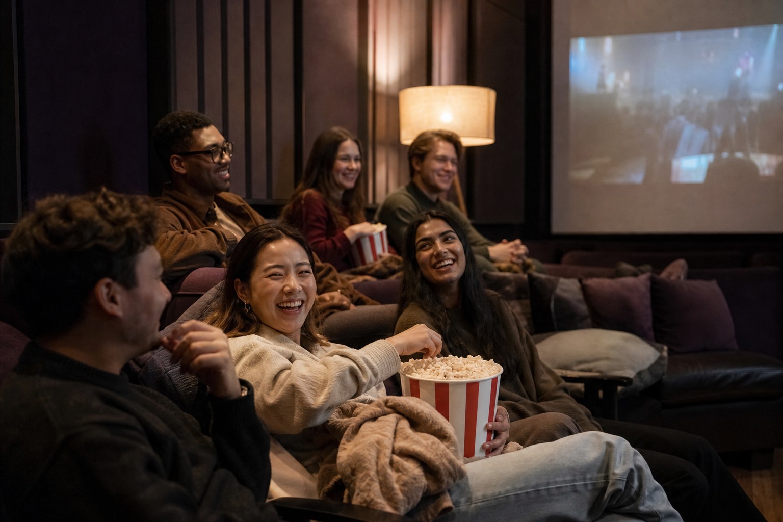 Hoomies residents laughing together in the cinema room