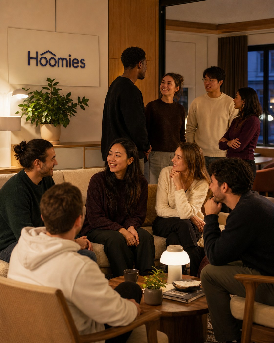 Hoomies residents together with the Hoomies sign in the background