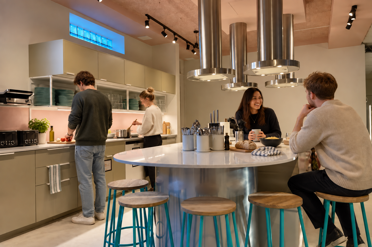 Hoomies residents in the shared kitchen